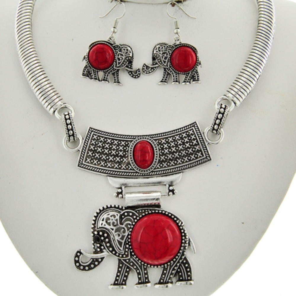 Red Elephant Necklace and Earring Set